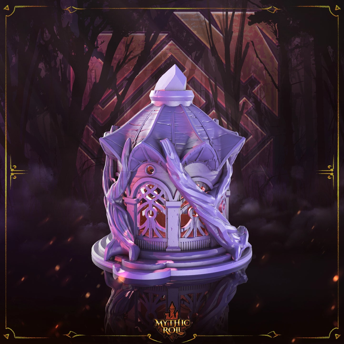 Fantasy lantern with intricate design on a dark background, featuring the brand 'Mythic Roll'.