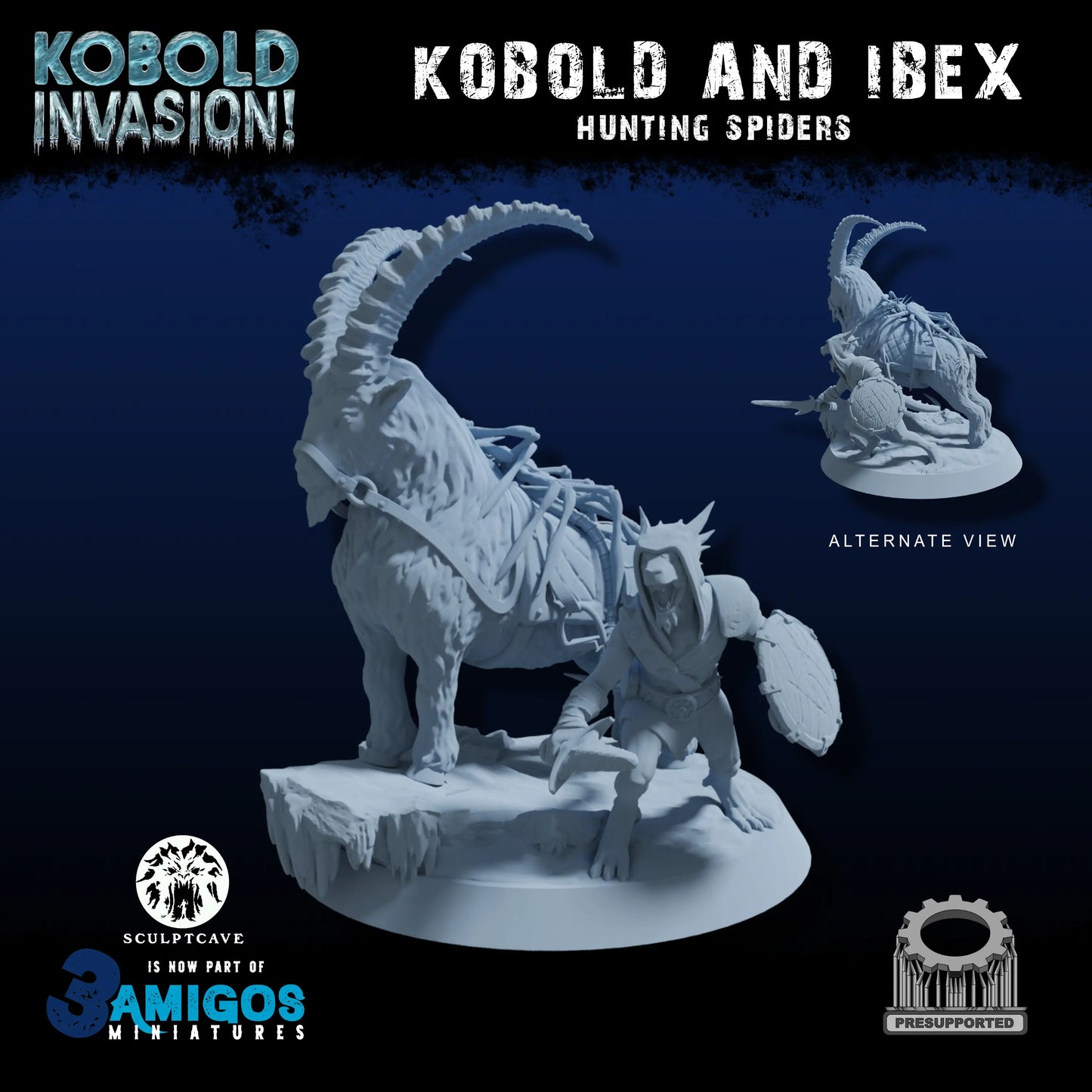 3 Amigos Miniatures - Kobold Riding Alpine Ibex - DnD/TTRPG Figure/Miniature - Helios3DPrinting