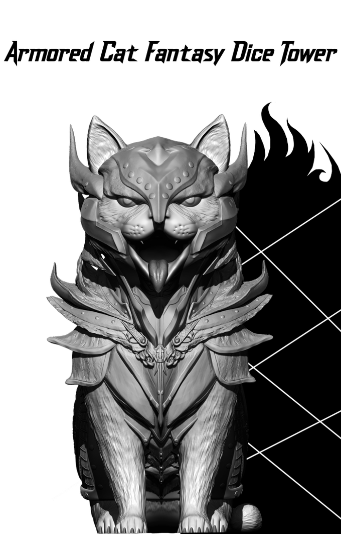 Slope3D - Armoured Cat Dice Tower - DnD/TTRPG/Roleplaying/Wargames