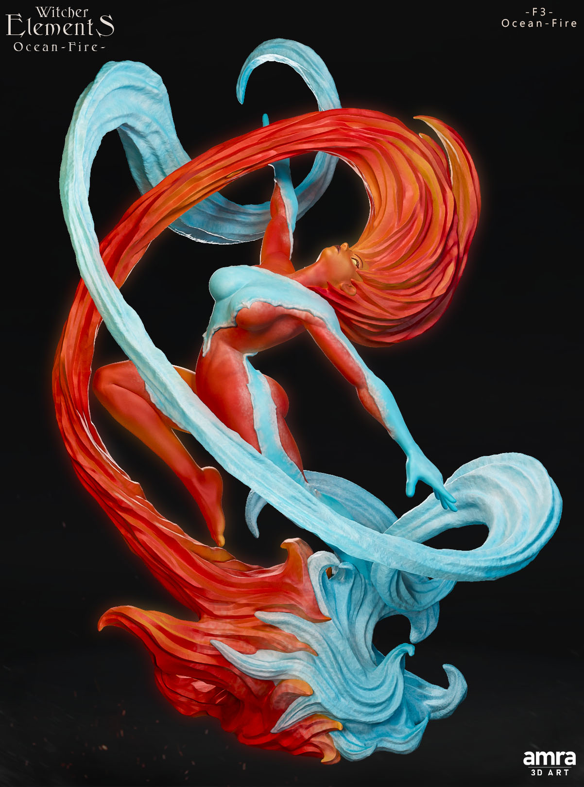 Amra 3D Art - Witcher Elements - Fire & Water - 80mm Pin Up/Figure/Model/Diorama - Helios3DPrinting