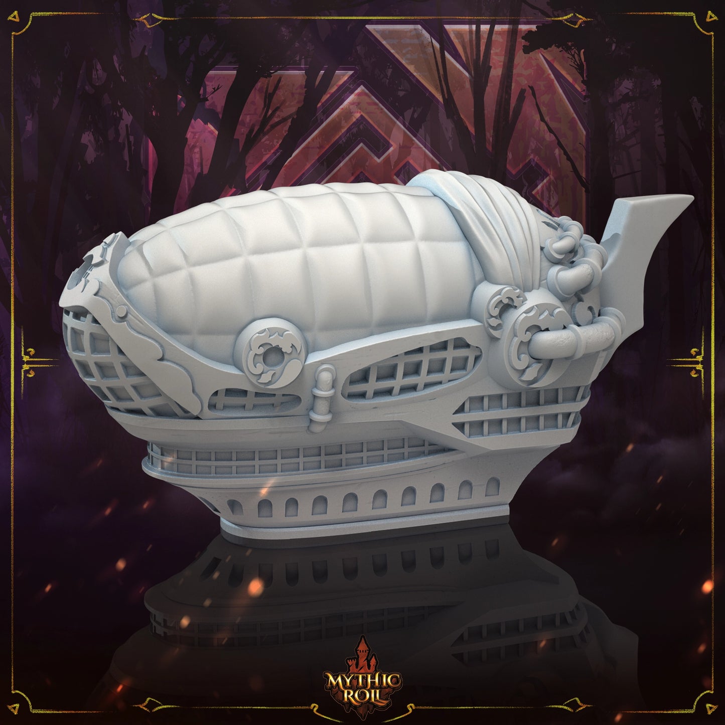 Decorative white teapot with intricate designs on a dark background, featuring the Mythic Role logo.