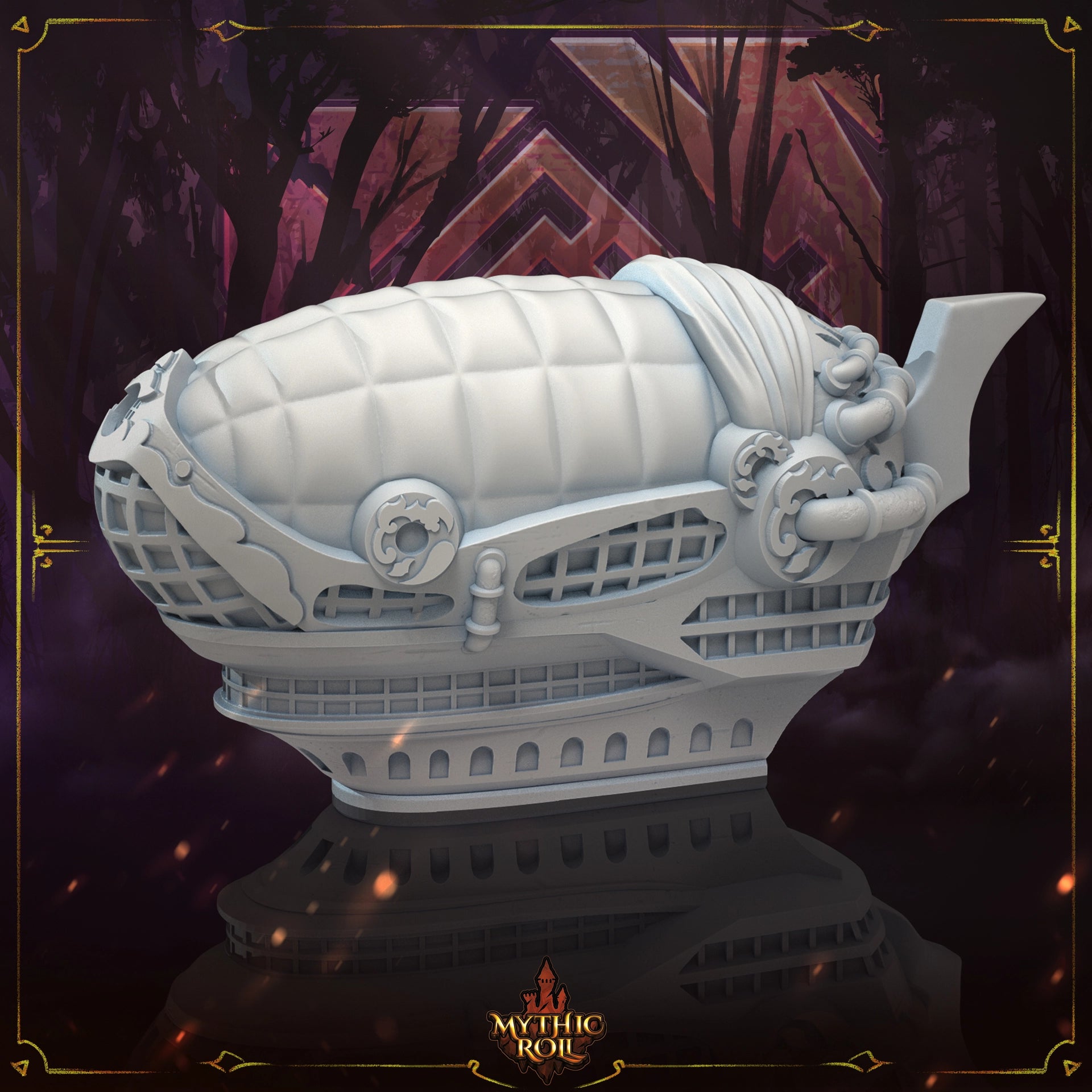 Decorative white teapot with intricate designs on a dark background, featuring the Mythic Role logo.