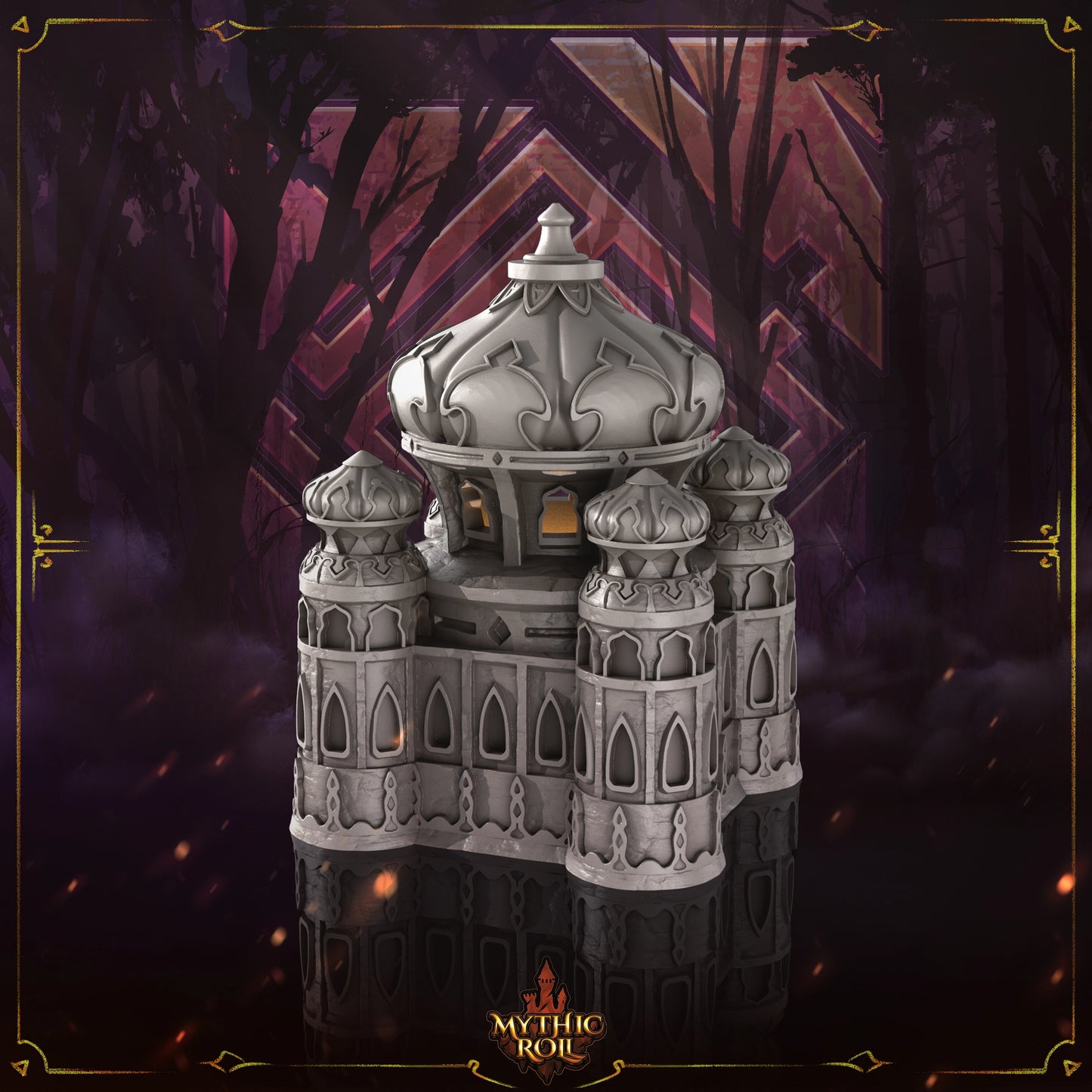 Decorative castle model with intricate details on a dark background, featuring the brand 'Mythic Realms'.