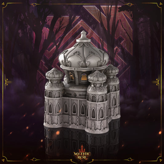 Decorative castle model with intricate details on a dark background, featuring the brand 'Mythic Realms'.