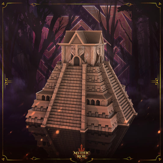 Stone temple pyramid on a dark background with 'Mythic Realms' branding.