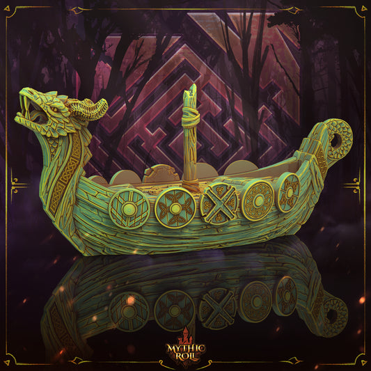 Decorative boat with intricate designs on a dark background, featuring the brand 'Mythic Roll'.