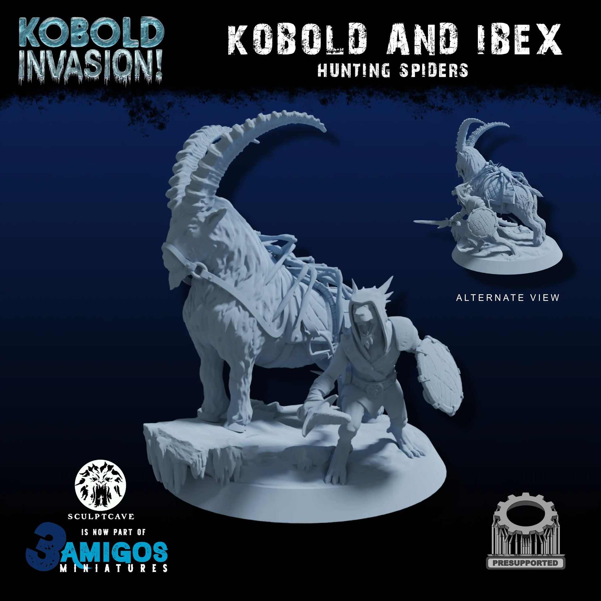 3 Amigos Miniatures - Kobold Riding Alpine Ibex - DnD/TTRPG Figure/Miniature - Helios3DPrinting