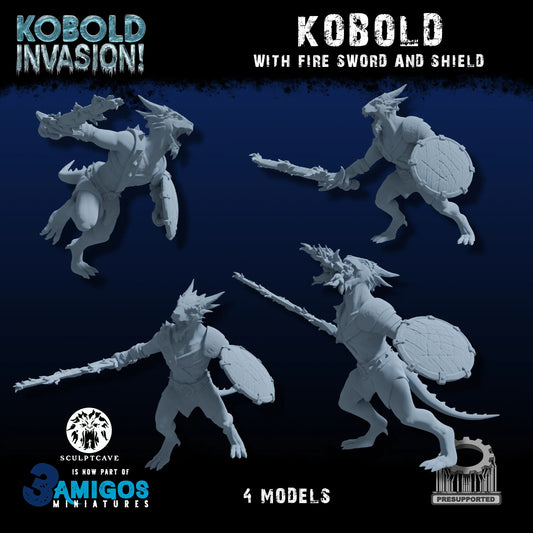 3 Amigos Miniatures - Kobold w/Fire Sword & Shield - DnD/TTRPG Figure/Miniature - Helios3DPrinting