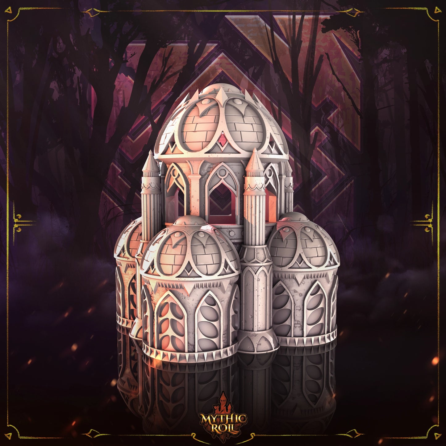 Gothic-style architectural model with intricate details on a dark background, featuring the brand 'Mythic Real'.