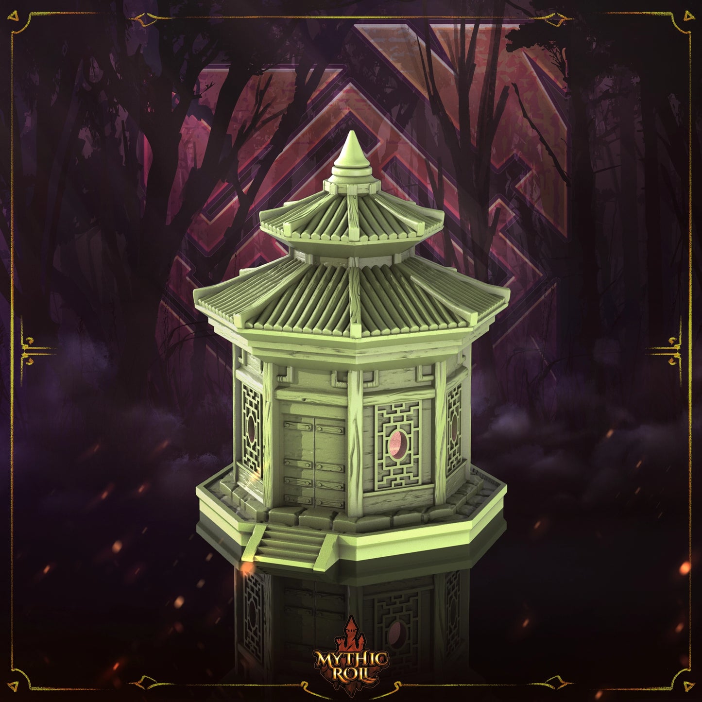 Green pagoda-like structure with a dark, mystical background