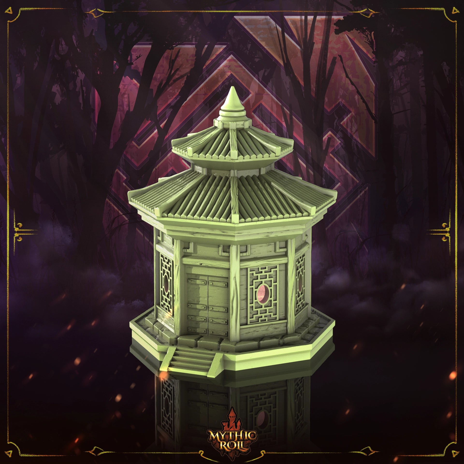 Green pagoda-like structure with a dark, mystical background