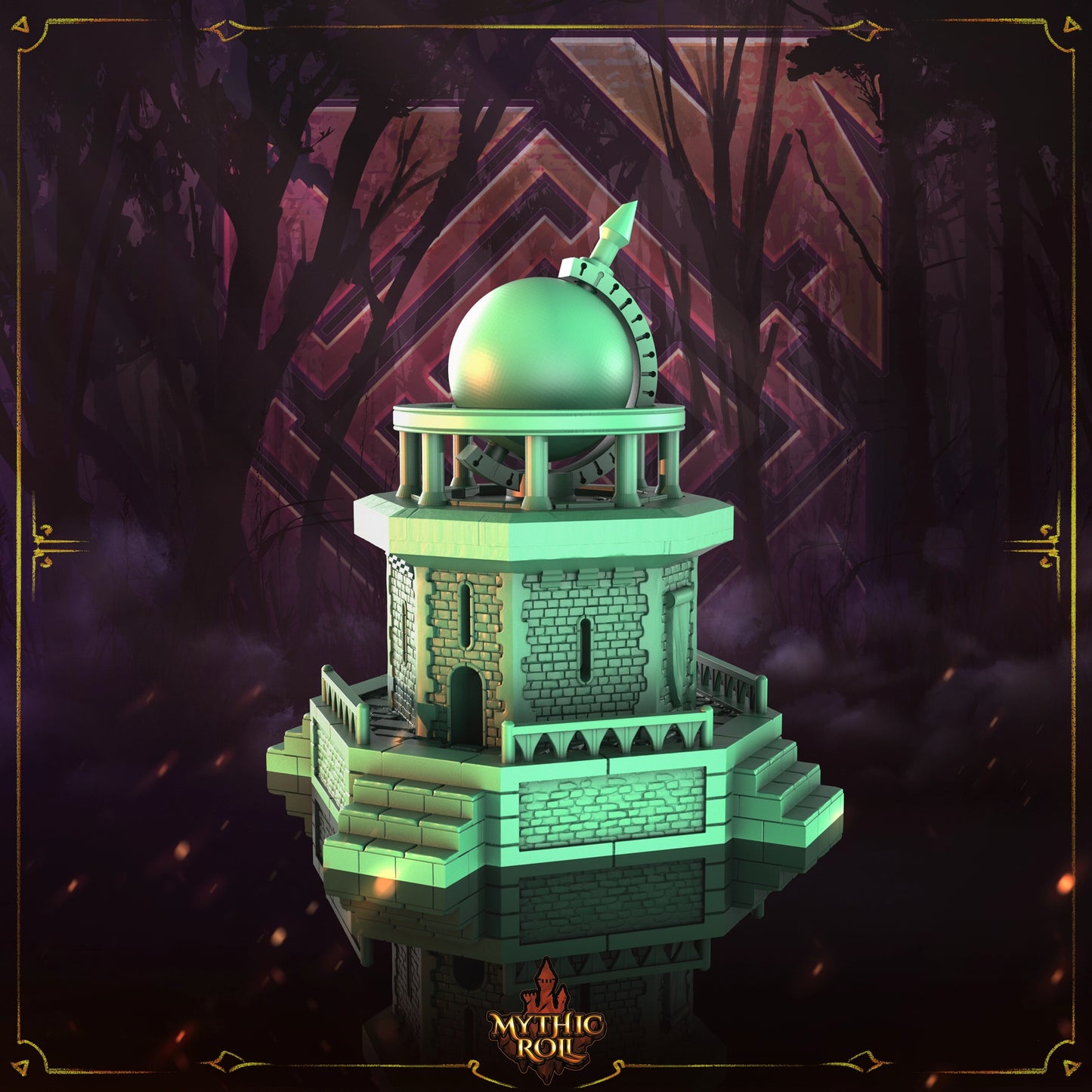 Green temple-like structure with a dome on a dark background, featuring the 'Mythic Realms' logo.