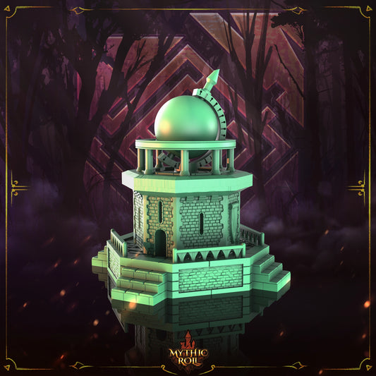 Green temple-like structure with a dome on a dark background, featuring the 'Mythic Realms' logo.